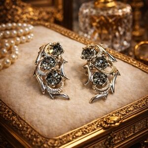 SAS Vintage 70s Silver Black Crystal Clip-On Earrings Statement Evening Jewelry